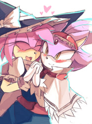 Size: 1024x1376 | Tagged: safe, artist:alacroixx, amy rose, blaze the cat, cat, hedgehog, 2015, amy x blaze, blushing, cosplay, cute, eyes closed, female, females only, hearts, holding hands, lesbian, mouth open, shipping