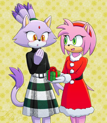 Size: 1400x1600 | Tagged: safe, artist:lali-lop, amy rose, blaze the cat, cat, hedgehog, 2017, amy x blaze, blushing, christmas, christmas outfit, cute, female, females only, lesbian, present, shipping
