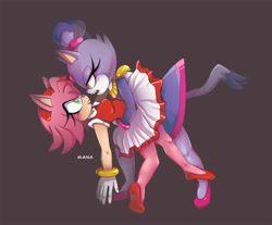 Size: 982x814 | Tagged: safe, artist:yamimana, amy rose, blaze the cat, cat, hedgehog, 2018, amy x blaze, cute, dancing, female, females only, lesbian, looking at each other, shipping