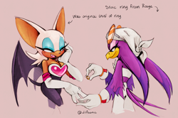 Size: 2048x1358 | Tagged: safe, artist:dilfsonic, rouge the bat, wave the swallow, blushing, duo, english text, holding something, lesbian, lidded eyes, looking at each other, one fang, pink background, shipping, simple background, smile, standing, wavouge, wedding ring