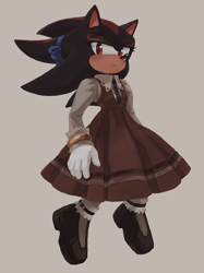 Size: 1124x1500 | Tagged: safe, artist:rayactivefactory, shadow the hedgehog, alternate shoes, beige background, blushing, crossdressing, dress, eyelashes, femboy, frown, lidded eyes, looking at viewer, male, simple background, solo