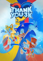 Size: 1748x2480 | Tagged: safe, artist:ochi06, knuckles the echidna, miles "tails" prower, sonic the hedgehog, sonic heroes, abstract background, backwards v sign, clouds, english text, looking at viewer, mid-air, posing, redraw, smile, team sonic, trio