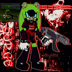 Size: 2048x2048 | Tagged: safe, artist:autisminfinite, surge the tenrec, abstract background, arm warmers, bracelet, choker, ear piercing, emo, emo outfit, emo surge, english text, fangs, female, gun, holding something, looking at viewer, mod, outline, reference inset, shadow the hedgehog (video game), solo, standing