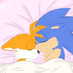 Size: 2048x2048 | Tagged: safe, artist:raccooncountry, miles "tails" prower, sonic the hedgehog, abstract background, bed, duo, eyes closed, floppy ears, gay, indoors, movie style, pout, shipping, sleeping, snuggling, sonic x tails