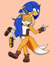 Size: 2000x2400 | Tagged: safe, artist:moontigerange1, miles "tails" prower, sails, sonic the hedgehog, sonic prime, aged up, blushing, butt, carrying them, clenched teeth, duo, gay, lidded eyes, looking at them, looking at viewer, older, shipping, simple background, smile, sonails, sonic x tails, tan background, v sign, walking