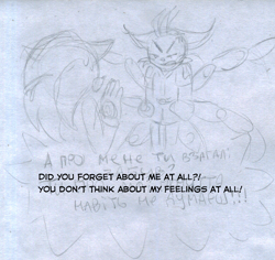 Size: 706x667 | Tagged: safe, artist:moontigerange1, miles "tails" prower, nine, sonic the hedgehog, sonic prime, angry, clenched teeth, dialogue, duo, english text, gay, looking at each other, nine x sonic, pencilwork, scene interpretation, shipping, sketch, sonic x tails, sweatdrop, traditional media, translation, ukrainian text
