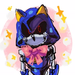 Size: 2048x2048 | Tagged: safe, artist:aqspec, metal sonic, abstract background, black sclera, bow, looking at viewer, robot, sketch, solo, sparkles, standing