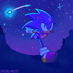 Size: 2048x2048 | Tagged: safe, artist:miirimosart, sonic the hedgehog, abstract background, looking ahead, nighttime, outdoors, running, shooting star, signature, smile, solo, star (sky), top surgery scars, trans male, transgender