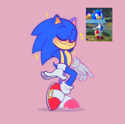 Size: 1422x1416 | Tagged: safe, artist:lafatis, sonic the hedgehog, sonic frontiers, blushing, eyes closed, pink background, posing, reference inset, shadow (lighting), simple background, smile, solo, sonabetes, sparkles