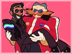 Size: 780x580 | Tagged: safe, artist:cakebird-art, agent stone, robotnik, human, badge, bisexual, bisexual pride, border, carrying them, duo, gay, heart, mlm pride, pride, pride flag, red background, shipping, simple background, smile, stobotnik