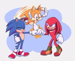 Size: 2048x1669 | Tagged: safe, artist:lyovpple, knuckles the echidna, miles "tails" prower, sonic the hedgehog, sonic the hedgehog 2 (2022), abstract background, fistbump, flying, movie style, smile, spinning tails, standing, team sonic