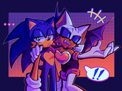 Size: 2048x1519 | Tagged: safe, artist:tailsnumber1fan, rouge the bat, sonic the hedgehog, ..., abstract background, arm around shoulders, cheek fluff, duo, exclamation mark, eyes closed, flying, fourth wall break, heart chest, lidded eyes, looking at viewer, outline, redraw, smile, standing