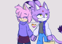 Size: 1280x915 | Tagged: safe, artist:artboxartist, amy rose, blaze the cat, cat, hedgehog, 2020, amy x blaze, cute, eyes closed, female, females only, heart, holding hands, lesbian, lesbian pride, pride, shipping