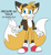 Size: 1376x1488 | Tagged: safe, artist:findyourflame, miles "tails" prower, alternate universe, au:decade, aviator jacket, blue background, character name, colored ears, english text, eye clipping through hair, eyebrow clipping through hair, flat colors, genderfluid, goggles, older, simple background, smile, solo, solo genderfluid, standing