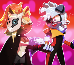 Size: 2048x1784 | Tagged: safe, artist:bluescreeningart, tangle the lemur, whisper the wolf, abstract background, duo, heart, holding hands, lesbian, lesbian pride, outline, pride, pride flag background, redraw, shipping, smile, standing, tangle x whisper