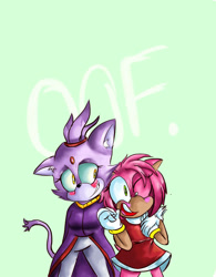 Size: 768x985 | Tagged: safe, artist:distressedghost, amy rose, blaze the cat, cat, hedgehog, 2018, amy x blaze, amy's halterneck dress, blaze's tailcoat, blushing, cute, female, females only, holding hands, lesbian, one eye closed, shipping