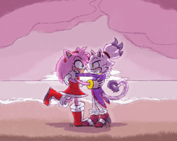 Size: 1084x868 | Tagged: safe, artist:jxgproductions, amy rose, blaze the cat, cat, hedgehog, 2018, amy x blaze, amy's halterneck dress, beach, blaze's tailcoat, blushing, cute, female, females only, hand on back, hand on shoulder, lesbian, looking at each other, shipping
