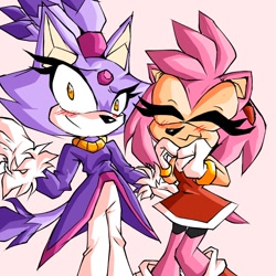Size: 1280x1280 | Tagged: safe, artist:unoriginalcreator, amy rose, blaze the cat, cat, hedgehog, 2023, amy x blaze, amy's halterneck dress, blaze's tailcoat, blushing, cute, eyes closed, female, females only, heart hands, lesbian, looking at viewer, shipping