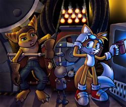 Size: 1598x1360 | Tagged: safe, artist:lord-kiyo, miles "tails" prower, clank, crossover, ratchet the lombax