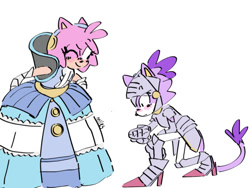 Size: 540x405 | Tagged: safe, artist:miles-deerbun, amy rose, blaze the cat, nimue, cat, hedgehog, sonic and the black knight, 2023, amy x blaze, blushing, cute, female, females only, kneeling, knight armor, lesbian, one eye closed, shipping, sir percival