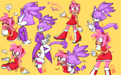 Size: 540x337 | Tagged: safe, artist:gurenmonster, amy rose, blaze the cat, cat, hedgehog, ..., 2022, amy x blaze, amy's halterneck dress, blaze's tailcoat, cute, eyes closed, female, females only, hand on arm, lesbian, musical note, purring, shipping