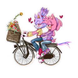 Size: 540x540 | Tagged: safe, artist:shadowsfascination, amy rose, blaze the cat, cat, hedgehog, 2022, amy x blaze, bicycle, blushing, bucket, cute, female, females only, flowers, hearts, lesbian, looking back at them, shipping