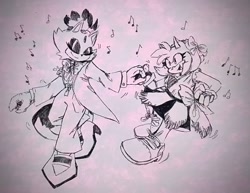 Size: 540x417 | Tagged: safe, artist:socksboxsketches, amy rose, blaze the cat, cat, hedgehog, 2022, amy x blaze, cute, dancing, eyes closed, female, females only, holding hands, lesbian, musical notes, shipping, sketch