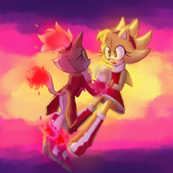 Size: 540x540 | Tagged: safe, artist:bombchan, amy rose, blaze the cat, burning blaze, cat, hedgehog, 2022, amy x blaze, amy's halterneck dress, blaze's tailcoat, cute, female, females only, holding hands, lesbian, looking at each other, shipping, super amy, super form