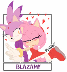 Size: 1280x1363 | Tagged: safe, artist:ruviart, amy rose, blaze the cat, cat, hedgehog, 2022, alternate version, amy x blaze, amy's halterneck dress, blaze's tailcoat, blushing, cute, eyes closed, female, females only, hearts, lesbian, looking back at them, shipping