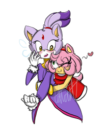 Size: 1024x1195 | Tagged: safe, artist:celtrist, amy rose, blaze the cat, cat, hedgehog, 2018, amy x blaze, amy's halterneck dress, blaze's tailcoat, blushing, cute, female, females only, heart, hugging from behind, lesbian, one eye closed, shipping