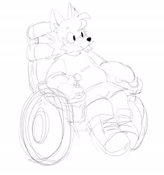 Size: 1914x2048 | Tagged: safe, artist:sonicattos, miles "tails" prower, alternate universe, disabled, female, line art, looking offscreen, simple background, sketch, smile, solo, trans female, transgender, wheelchair, white background