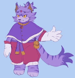 Size: 1956x2048 | Tagged: safe, artist:sonicattos, blaze the cat, :3, barefoot, blue background, clothes, looking ahead, one fang, paws, poncho, redesign, simple background, smile, solo, standing