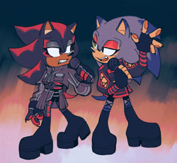Size: 2048x1888 | Tagged: safe, artist:project-sonadow, sonic the hedgehog, abstract background, boots, claws, clothes, colored ears, colored quills, duo, duo male, eyelashes, eyeshadow, femboy, fingerless gloves, gay, heels, holding something, looking at each other, male, males only, microphone, pawpads, punk, shadow x sonic, shipping, singing, standing