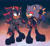 Size: 2048x1888 | Tagged: safe, artist:project-sonadow, shadow the hedgehog, sonic the hedgehog, hedgehog, abstract background, boots, claws, clothes, colored ears, colored quills, duo, duo male, eyelashes, eyeshadow, femboy, fingerless gloves, gay, heels, holding something, looking at each other, male, males only, microphone, pawpads, punk, shadow x sonic, shipping, singing, standing