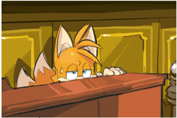 Size: 1341x898 | Tagged: safe, artist:mealbits, miles "tails" prower, abstract background, courtroom, lidded eyes, male, short, solo, sweatdrop, this will end in jail time