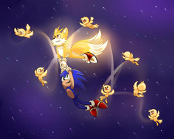 Size: 2048x1638 | Tagged: safe, artist:monx224, miles "tails" prower, sonic the hedgehog, super tails, abstract background, ambiguous gender, carrying them, flying, group, holding them, looking up, male, shooting star, star (sky), super form