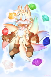 Size: 1365x2048 | Tagged: safe, artist:lovelylivewirez, miles "tails" prower, super tails, abstract background, bandana, blue sclera, brown gloves, brown shoes, chaos emerald, clenched teeth, clouds, daytime, electricity, flying, glowing eyes, male, outdoors, super form, super transformation