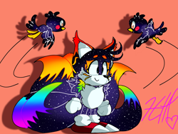 Size: 2048x1536 | Tagged: safe, artist:whippedcremepi, flicky, miles "tails" prower, ambiguous gender, classic tails, flying, hyper form, hyper tails, male, orange background, signature, simple background, smile, standing, tailabetes, trio