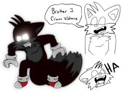 Size: 2048x1536 | Tagged: safe, artist:adhd-sonic-the-hedgehog, miles "tails" prower, clenched teeth, dark form, dark tails, dialogue, drooling, english text, floppy ears, glowing eyes, male, missing pupils, saliva, simple background, solo, standing, white background