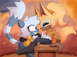 Size: 2048x1536 | Tagged: safe, artist:buddyhyped, tangle the lemur, whisper the wolf, 2023, between legs, duo, lesbian, looking at each other, shipping, sitting, tangle x whisper
