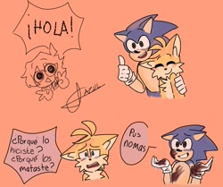 Size: 1073x896 | Tagged: semi-grimdark, artist:onepapafrita, miles "tails" prower, sonic the hedgehog, 2023, blood, blood stain, blushing, dialogue, floppy ears, gay, hand on another's arm, orange background, shipping, signature, simple background, smile, sonic x tails, spanish text, speech bubble, thumbs up