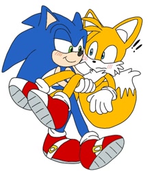 Size: 1080x1216 | Tagged: safe, artist:cuppylocker, miles "tails" prower, sonic the hedgehog, 2023, blushing, carrying them, duo male, exclamation mark, flat colors, gay, lidded eyes, looking at each other, male, males only, shipping, simple background, smile, sonic x tails, surprised, walking, white background