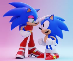 Size: 2048x1728 | Tagged: safe, artist:ladylunanova, sonic the hedgehog, 2023, 3d, classic sonic, clothes, duo, gradient background, head pat, looking at each other, modern sonic, self paradox, smile, soap shoes, standing, trans female, transgender