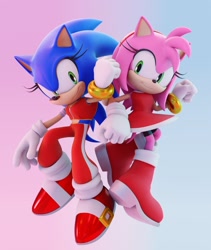 Size: 1728x2048 | Tagged: safe, artist:ladylunanova, amy rose, sonic the hedgehog, 2022, 3d, amy x sonic, clothes, duo, duo female, female, females only, gradient background, half r63 shipping, lesbian, linking arms, looking at each other, mid-air, shipping, smile, trans female, transgender