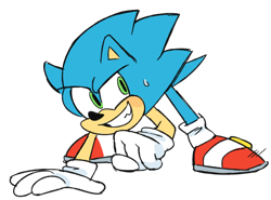 Size: 798x590 | Tagged: safe, artist:kaikoga, sonic the hedgehog, 2016, all fours, grin, looking offscreen, male, simple background, smile, sweatdrop, transparent background