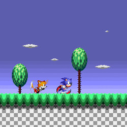 Size: 256x256 | Tagged: safe, artist:alex13art, miles "tails" prower, sonic the hedgehog, 16bit, 2016, abstract background, clouds, duo, grass, outdoors, remake, running, sonic the hedgehog 2 (8bit), sprite, tree