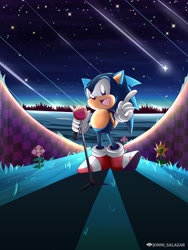 Size: 3000x4000 | Tagged: safe, artist:jonnisalazar, sonic the hedgehog, green hill zone, abstract background, classic sonic, flower, grass, holding something, looking at viewer, microphone, mouth open, nighttime, outdoors, pointing, redraw, shooting star, smile, solo, sonic the hedgehog (8bit), star (sky)