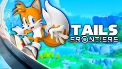 Size: 1280x720 | Tagged: safe, miles "tails" prower, sonic frontiers, 3d, abstract background, edit, logo, mod, mouth open, rail grinding, smile, solo, youtube thumbnail