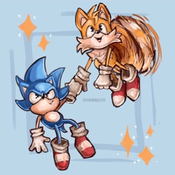 Size: 4000x4000 | Tagged: safe, artist:stinkbadgers, miles "tails" prower, sonic the hedgehog, abstract background, classic sonic, classic tails, cute, duo, fistbump, looking up, mouth open, smile, sonabetes, sparkles, tailabetes