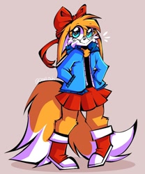 Size: 640x768 | Tagged: safe, artist:glitch_out_the_way, miles "tails" prower, beige background, blushing, boots, bow, floppy ears, gender swap, hands in pocket, jacket, looking at viewer, shadow (lighting), simple background, skirt, smile, solo, standing